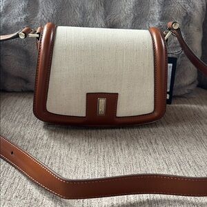 BOSS SADDLE BAG WITH LEATHER TRIMS Elegant Cream and Brown Women's Bag Sold out!